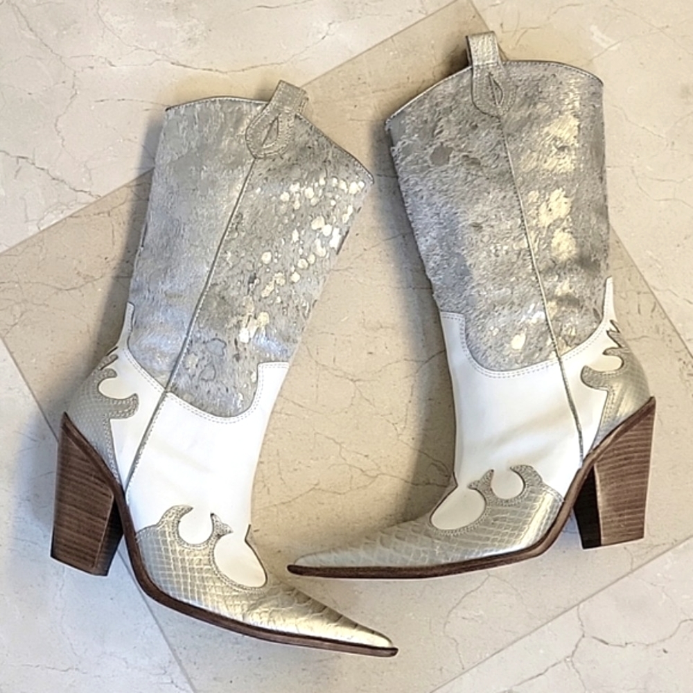 PARA RAIO Genuine Leather Western Silver & White Cowgirl Boots, Sz 9